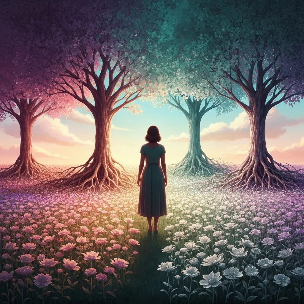 A woman standing amidst symbolic neural roots illustrating the biological reality of pregnancy depression-bestie-ai.webp