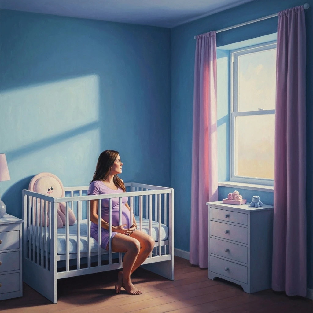 A woman reflecting on her journey with pregnancy depression in a soft blue room, symbolizing maternal mental health awareness and fetal protection.