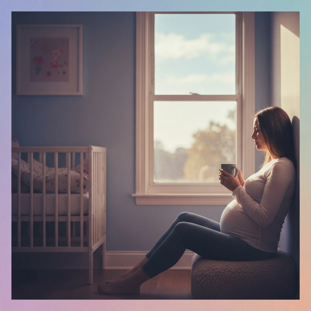 A woman practicing coping with depression during pregnancy by taking a quiet moment of self-care near a window. coping-with-depression-during-pregnancy-bestie-ai.webp