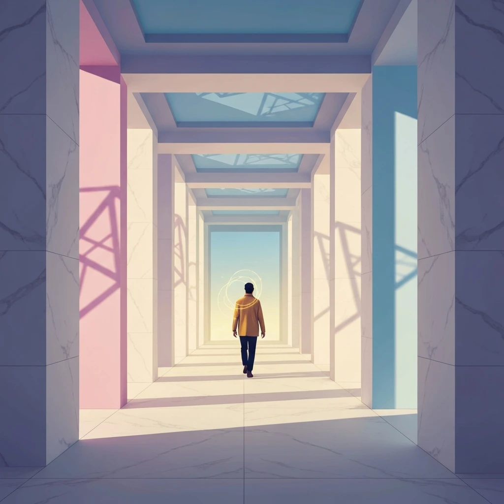 A person carrying a light through a structured architectural space representing the journey through imposter syndrome-bestie-ai.webp