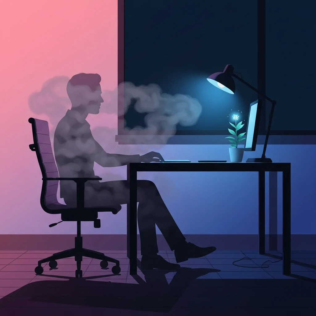 burnout-at-work-bestie-ai.webp - A symbolic digital art piece representing the feeling of burnout at work with a translucent figure in a dark office.