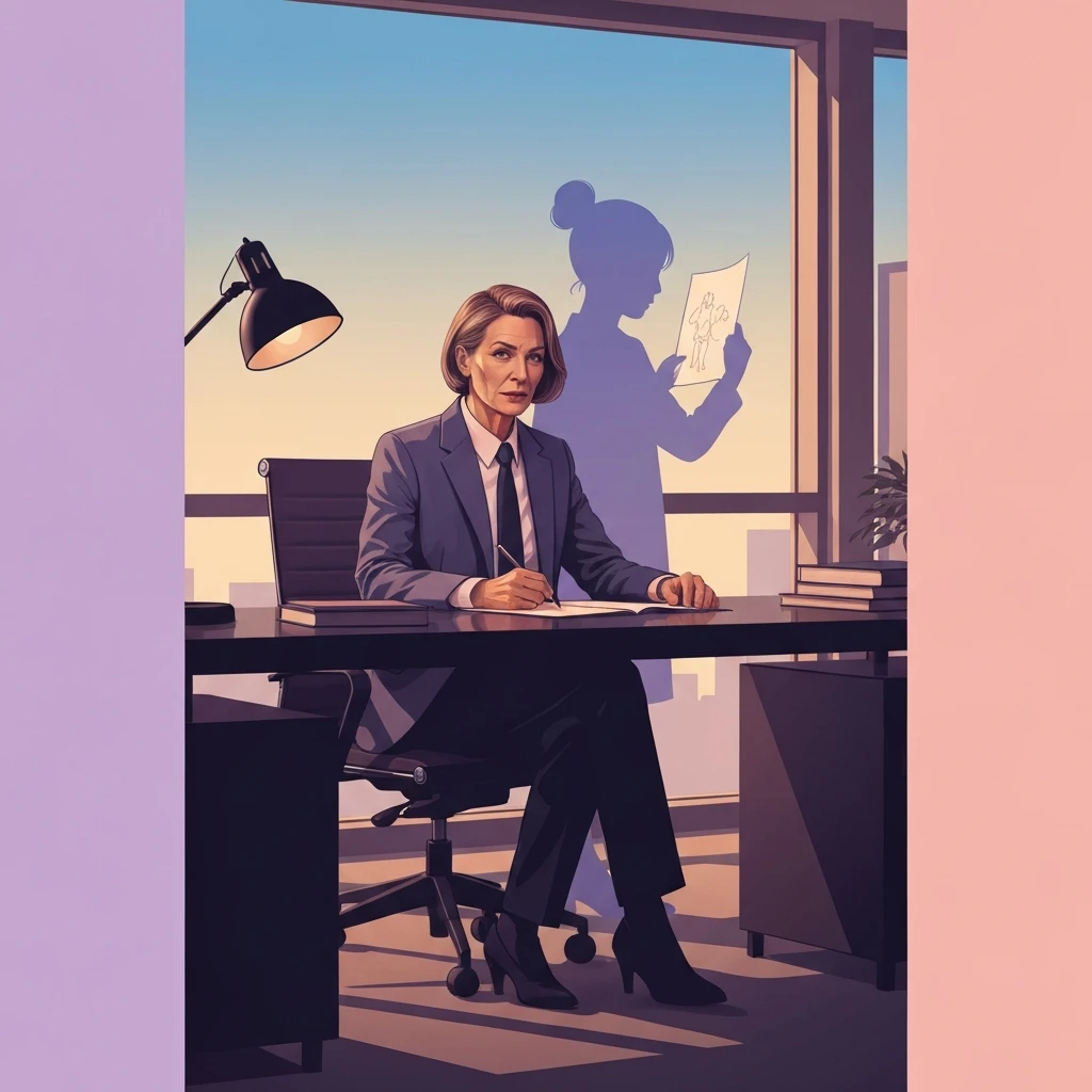 A professional reflecting on the childhood roots of fear of failure while working in a modern office, child-self shadow metaphor-bestie-ai.webp