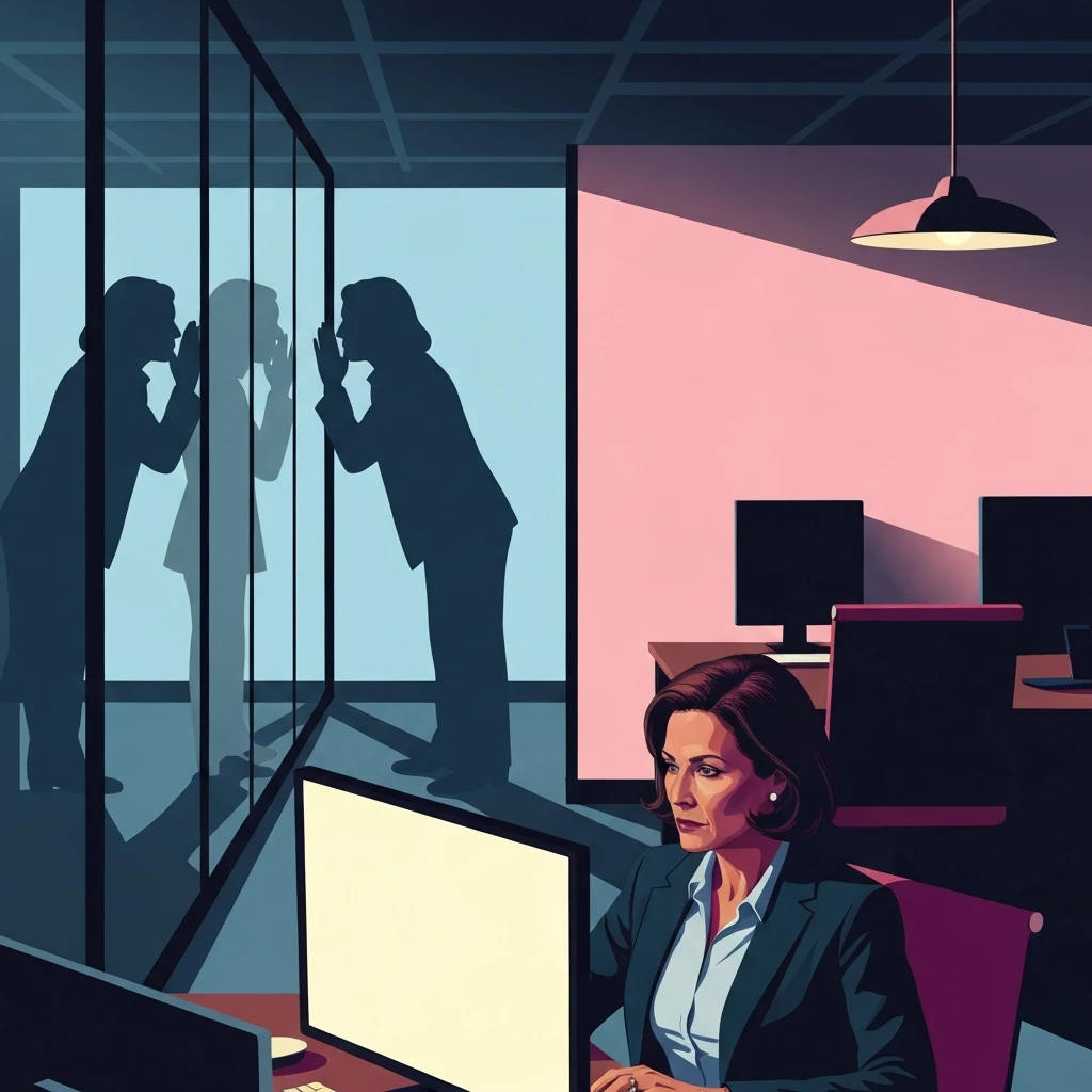A woman experiencing isolation due to gaslighting by coworkers in a modern office environment, symbolizing the psychological impact of peer-to-peer workplace bullying. gaslighting-by-coworkers-bestie-ai.webp