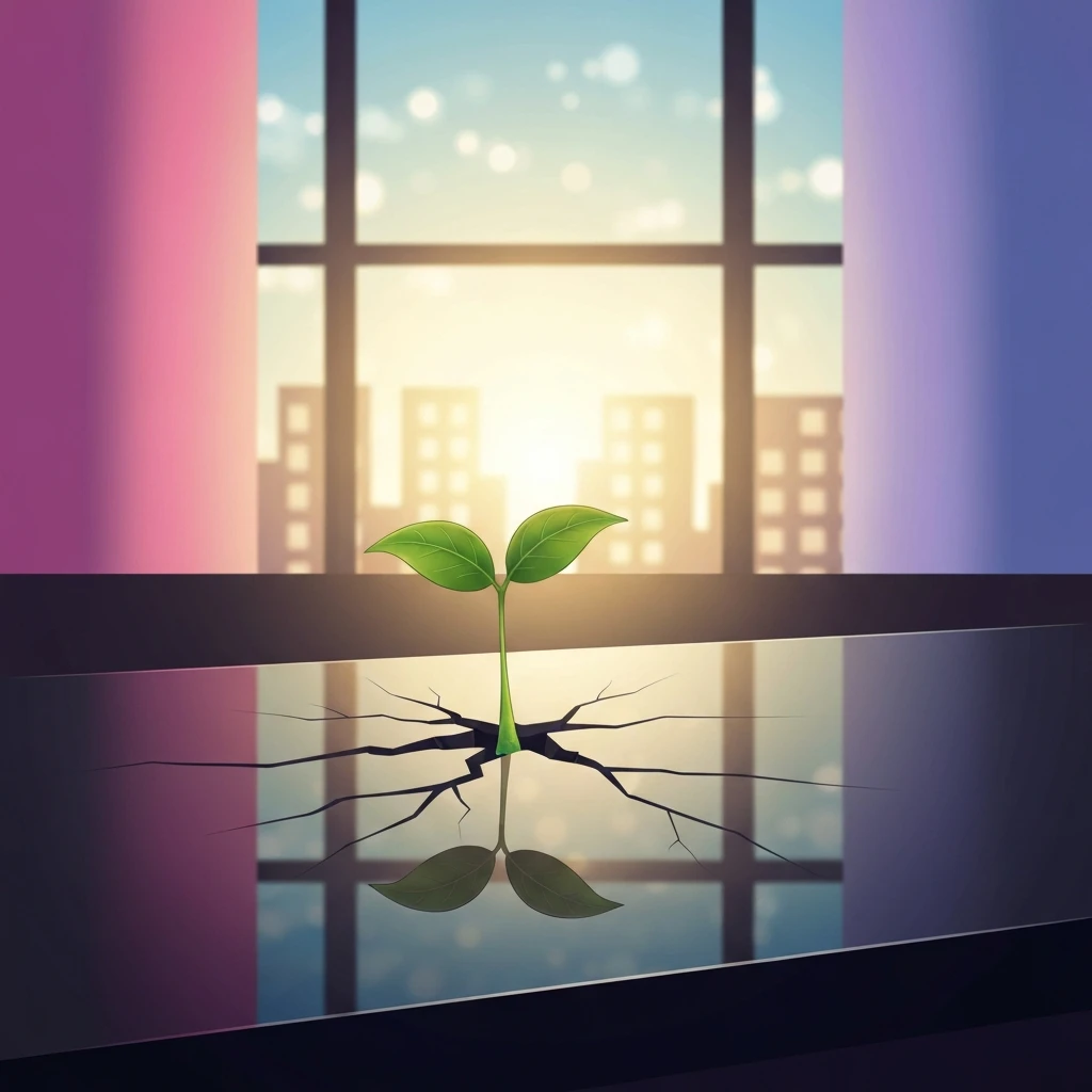 growth-mindset-strategies-for-failure-bestie-ai.webp - A sprout growing through a cracked office desk representing growth mindset strategies for failure and professional resilience.