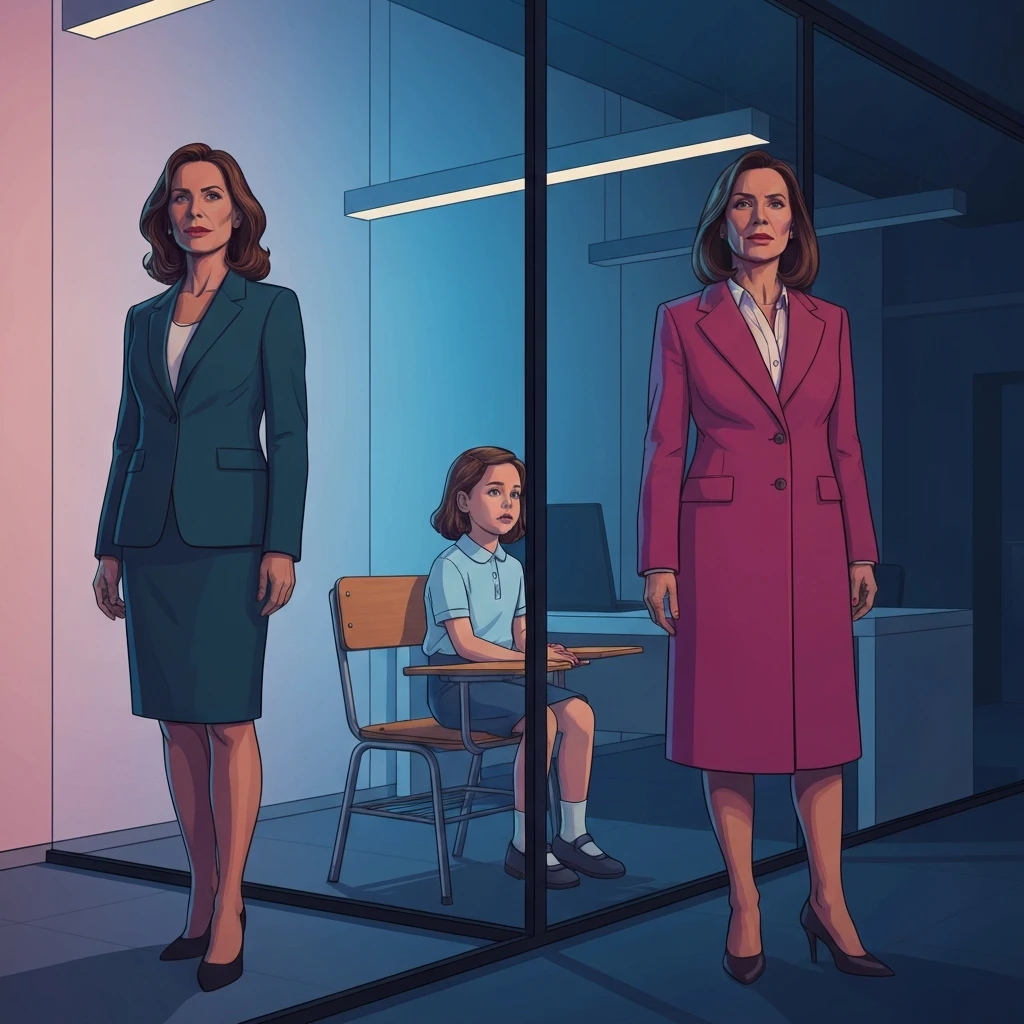 A visual metaphor for retraumatization in the workplace showing the duality of a professional environment and childhood emotional memories. retraumatization-in-the-workplace-bestie-ai.webp