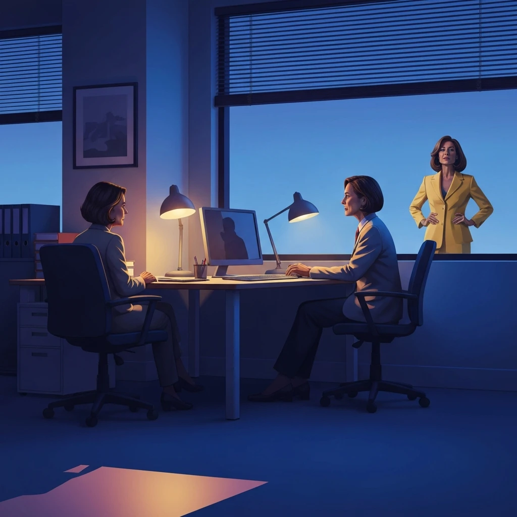 A professional experiencing low self esteem at work gazes at their reflection in an office window-low-self-esteem-at-work-bestie-ai.webp