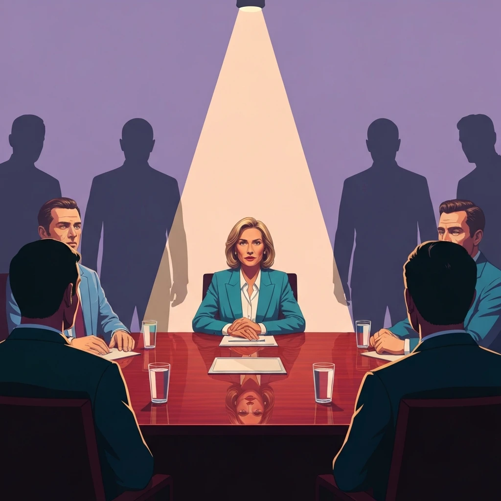 A woman confidently navigating gender microaggressions in male-dominated workplaces by taking her seat at the head of a conference table, gender-microaggressions-in-male-dominated-workplaces-bestie-ai.webp