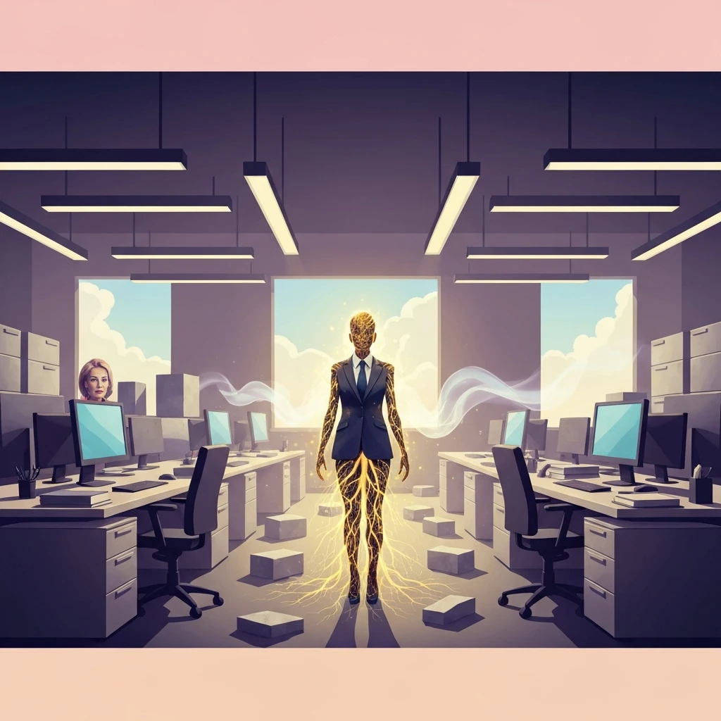 mental-health-impact-of-workplace-microaggressions-bestie-ai.webp showing the internal resilience and emotional light of a person navigating a heavy corporate landscape.