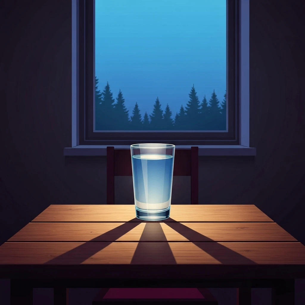 A symbolic representation of compassion fatigue vs caregiver burnout showing a solitary glowing water glass in a quiet room, reflecting the need for emotional replenishment.