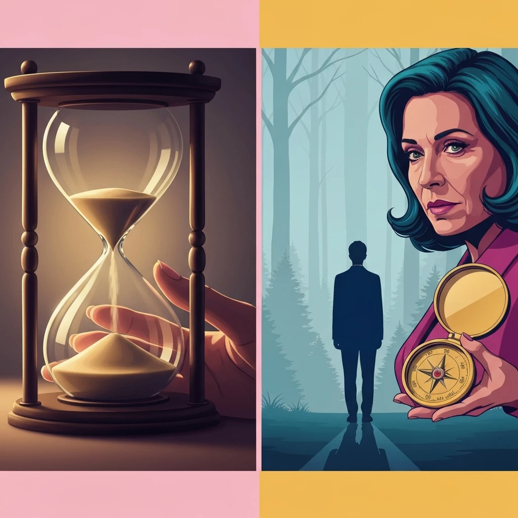 midlife-crisis-vs-aging-anxiety-bestie-ai.webp - A symbolic representation of the psychological tension between a midlife crisis vs aging anxiety featuring an hourglass and a misty crossroads.