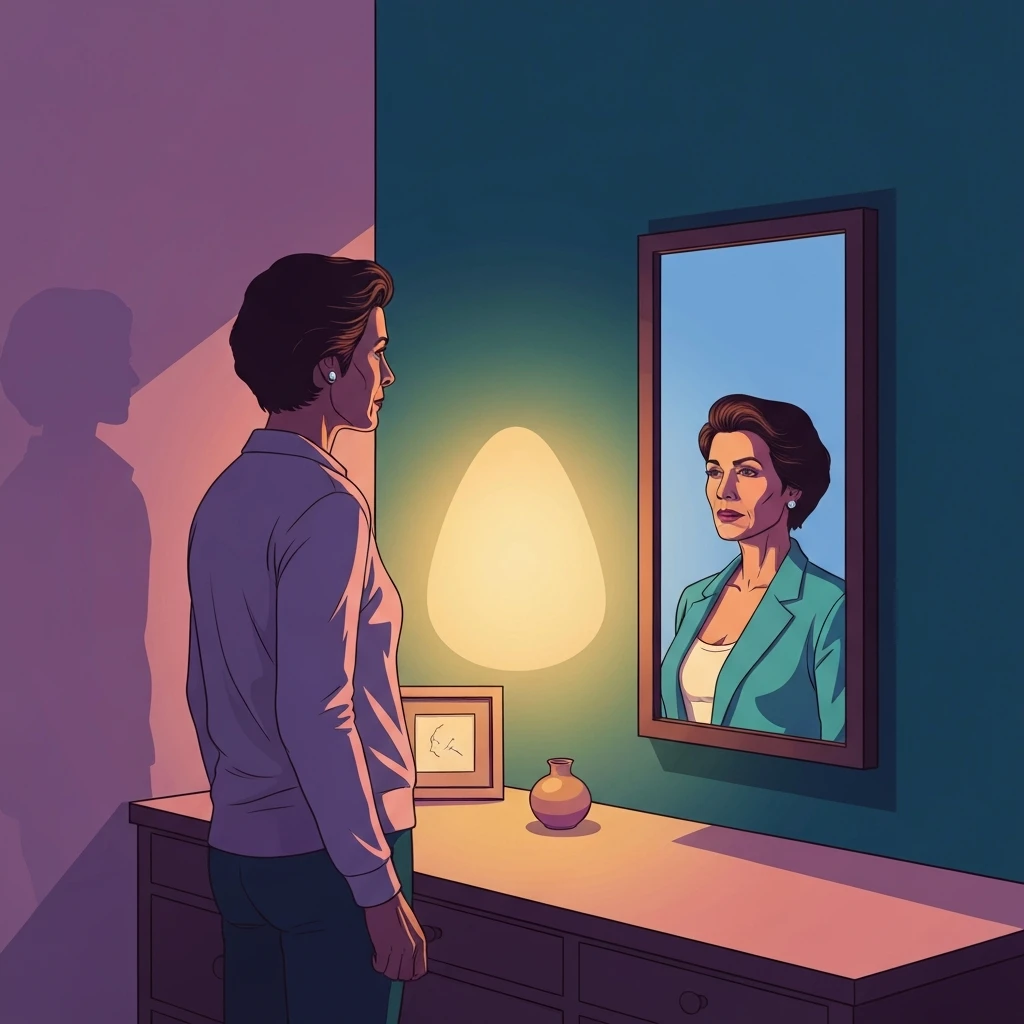 A woman reflecting on premature aging from stress while looking into a mirror in a warm, softly lit room-premature-aging-from-stress-bestie-ai.webp
