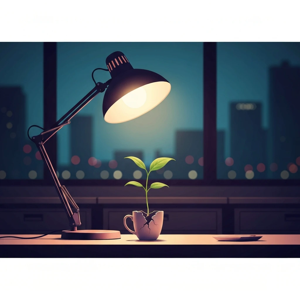 A visual metaphor for normal workplace stress vs emotional abuse showing a small green plant surviving in a dark office environment-bestie-ai.webp