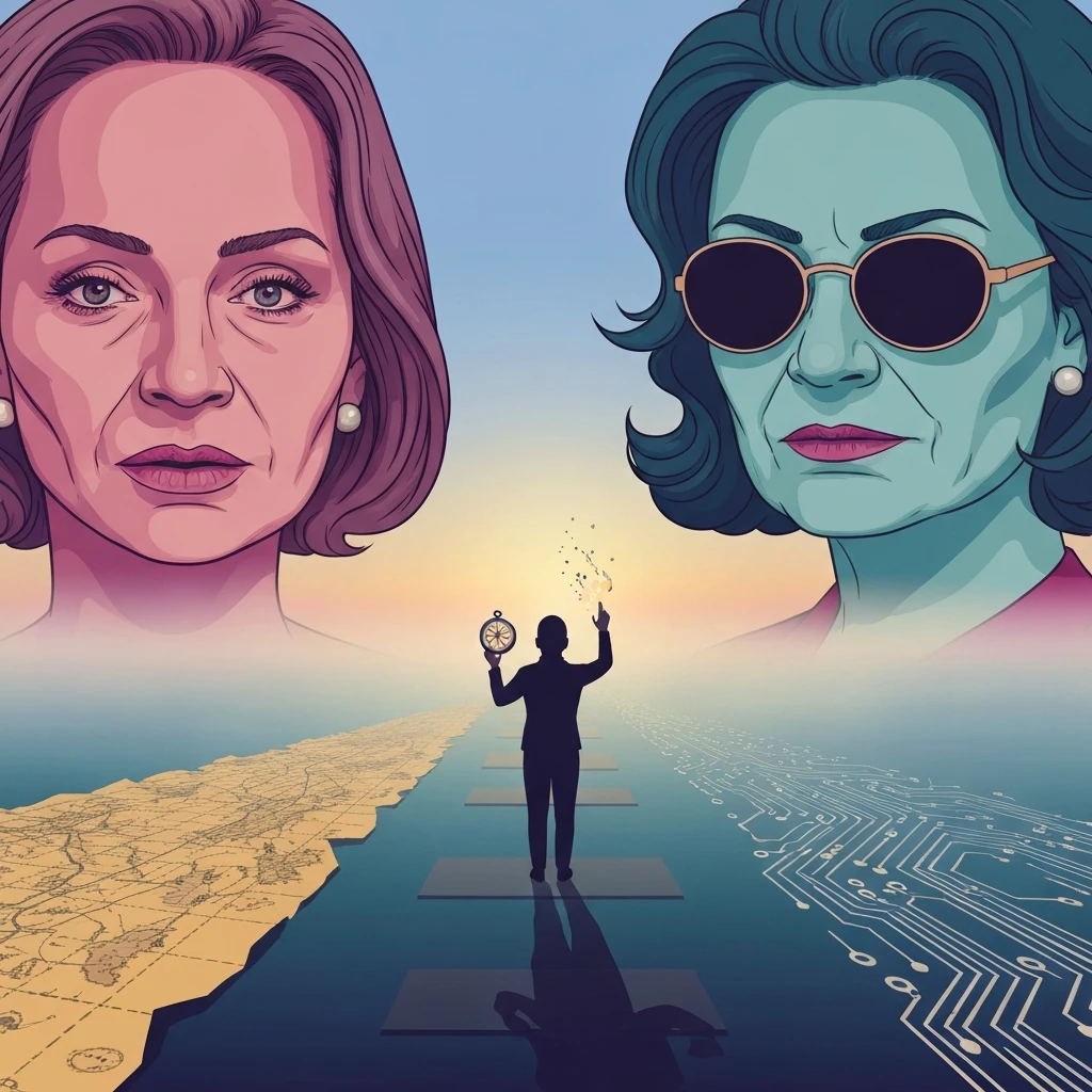 A young person navigating a quarter life crisis at 24 vs growing pains at a symbolic crossroads, representational of identity discovery-bestie-ai.webp