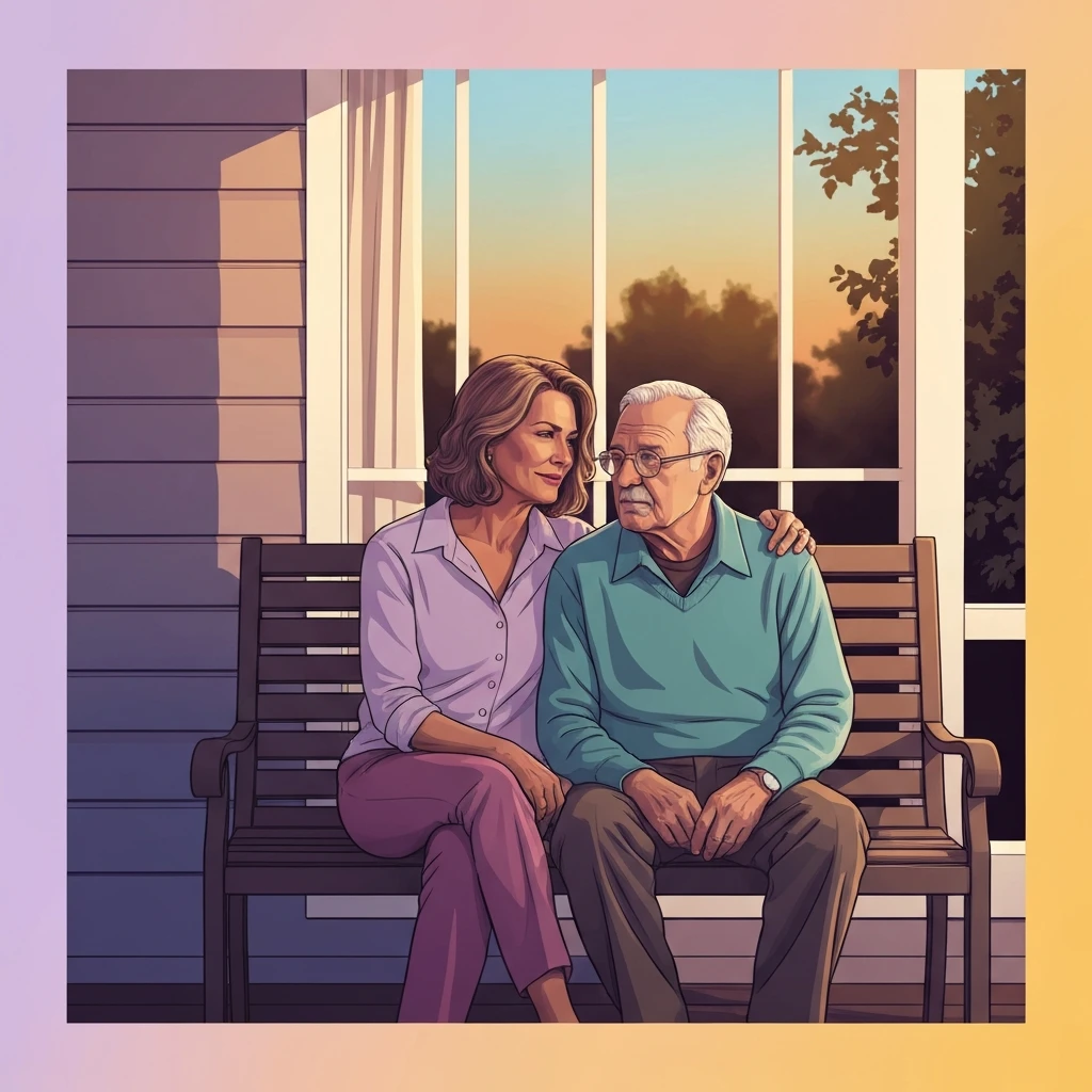 anxiety-about-parents-aging-bestie-ai.webp (Alt: A supportive adult child sitting with her elderly father during sunset, reflecting the emotional journey of anxiety about parents aging and family care.)
