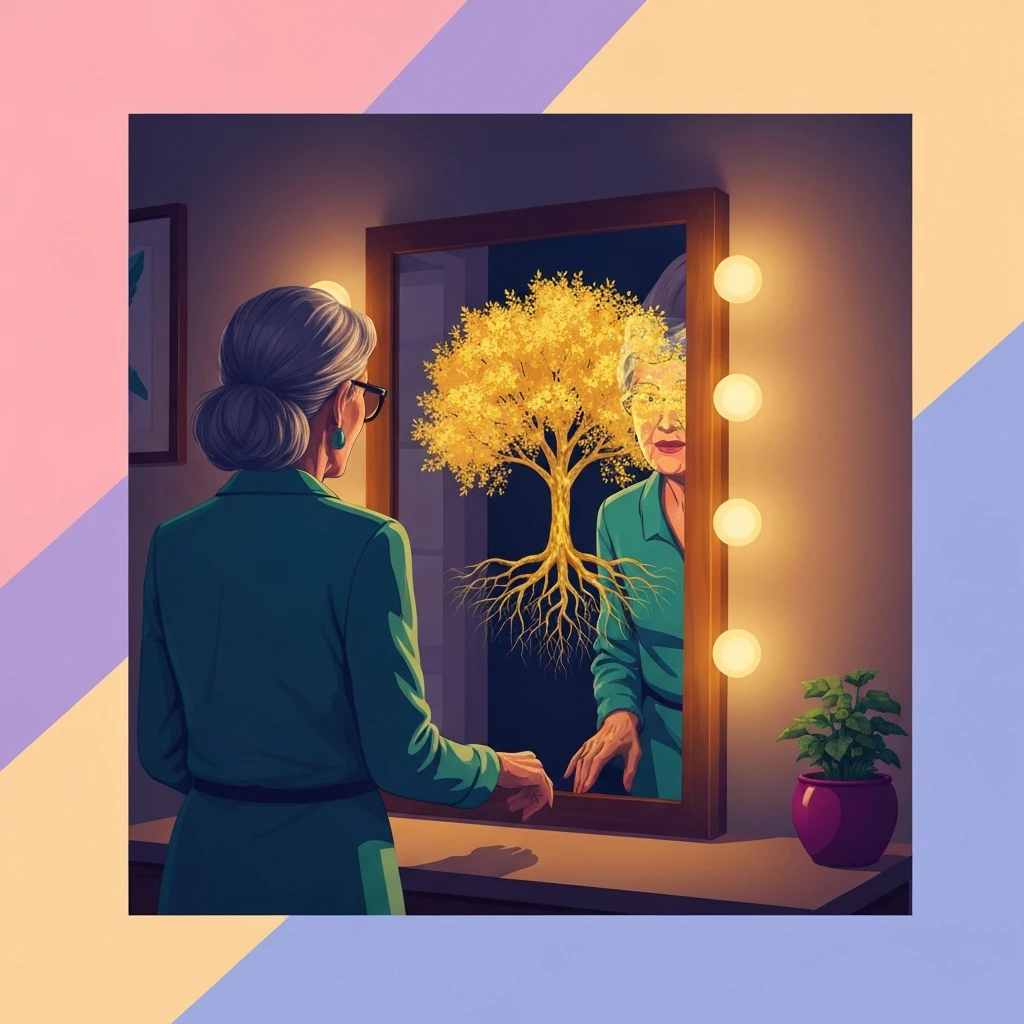 A woman overcoming gerascophobia fear of losing looks by seeing her inner growth reflected as a golden tree. gerascophobia-fear-of-losing-looks-bestie-ai.webp