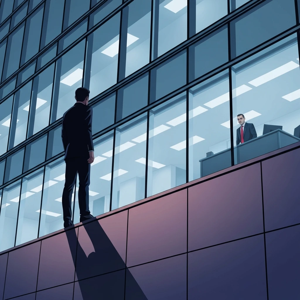 A person facing the challenge of a restraining order on manager for emotional abuse in a cold, glass office building-bestie-ai.webp
