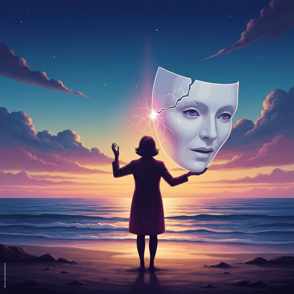 A person navigating an aging identity crisis sheds a porcelain mask to reveal their authentic self on a symbolic shoreline. aging-identity-crisis-bestie-ai.webp