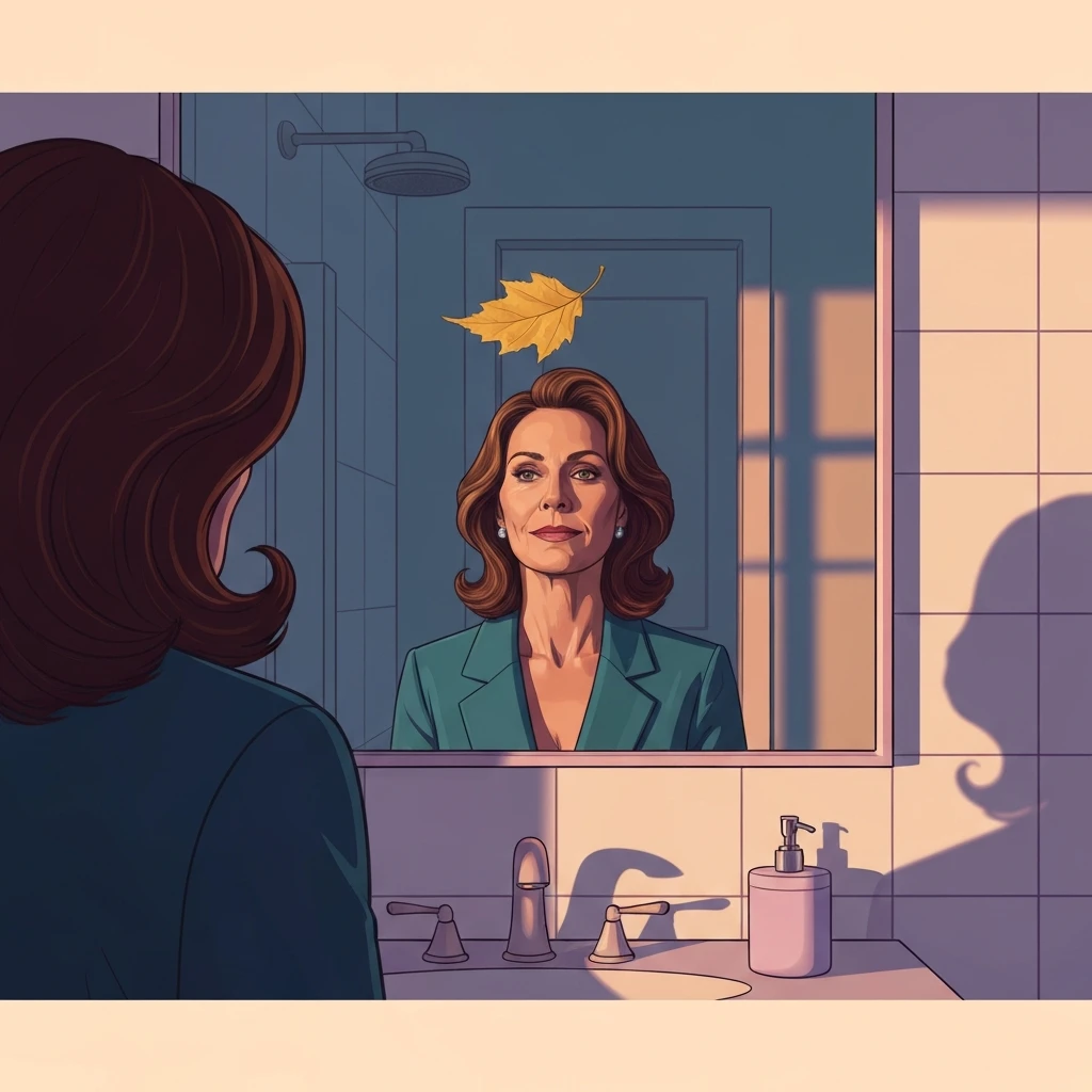 A woman reflecting on her appearance anxiety aging while looking into a warm-lit mirror. appearance-anxiety-aging-bestie-ai.webp