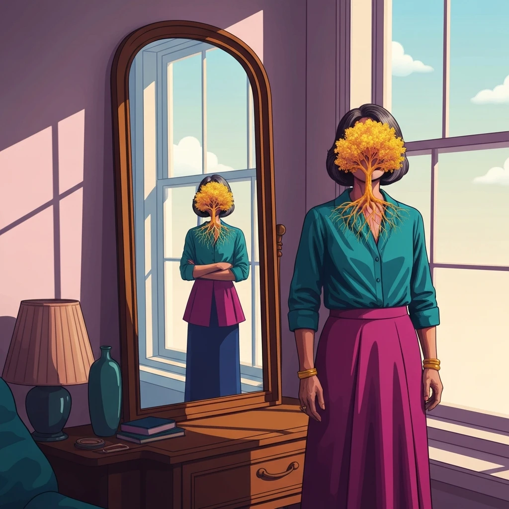 A woman overcoming aging appearance anxiety in women vs men by seeing her internal growth reflected as a golden tree. aging-appearance-anxiety-in-women-vs-men-bestie-ai.webp