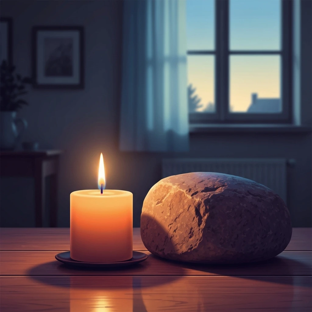A symbolic image representing caregiver resentment and guilt featuring a heavy stone and a flickering candle in a dim room, caregiver-resentment-and-guilt-bestie-ai.webp
