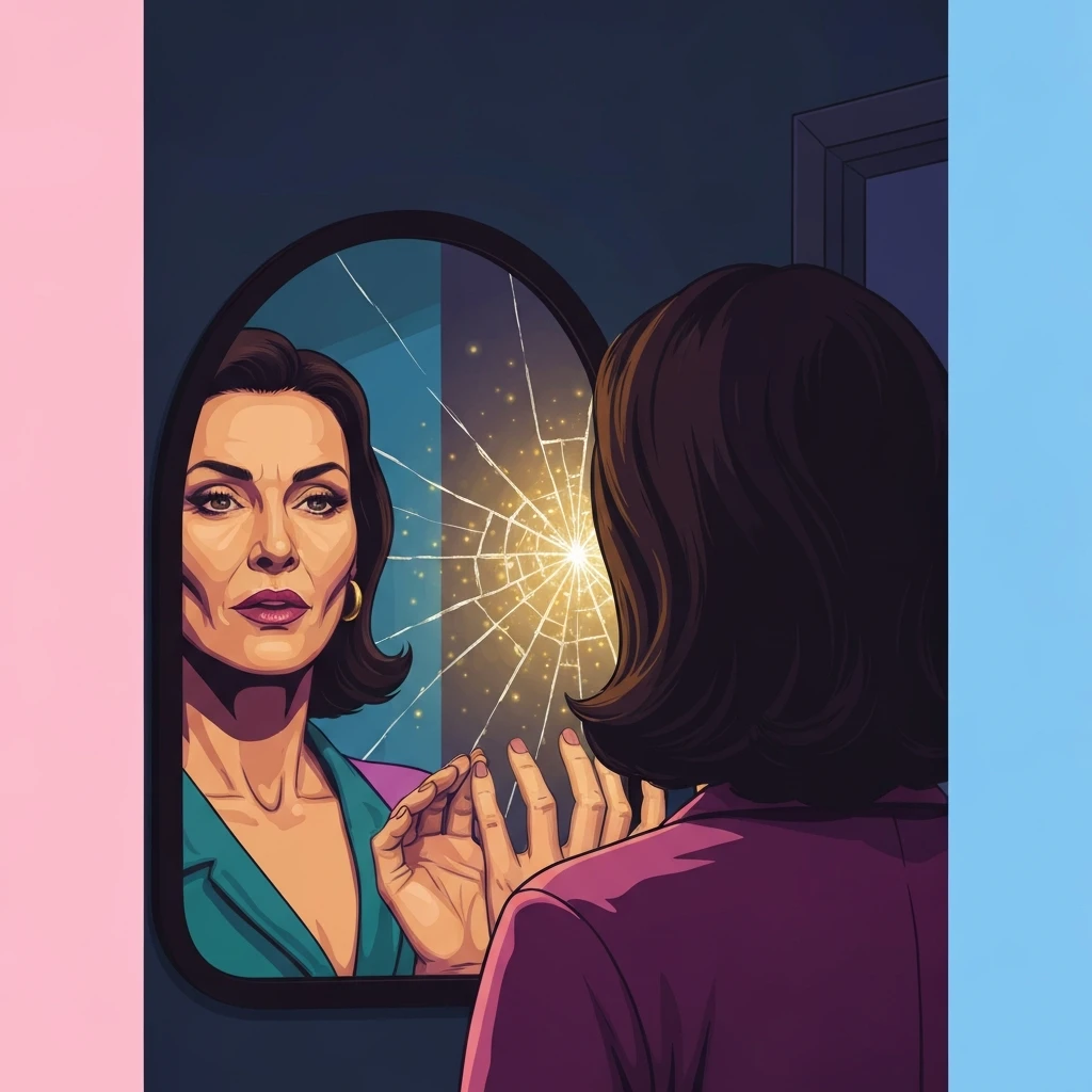 A woman exploring gerascophobia symptoms and treatment while looking into a reflective surface-bestie-ai.webp