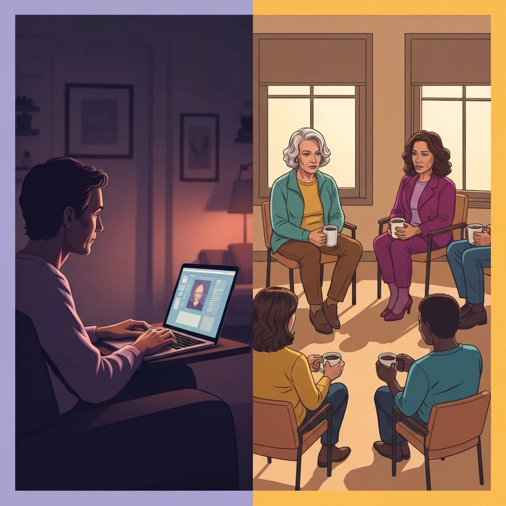A visual comparison of caregiver support groups online vs in-person highlighting the choice between digital anonymity and physical presence to alleviate family caregiving anxiety. caregiver-support-groups-online-vs-in-person-bestie-ai.webp