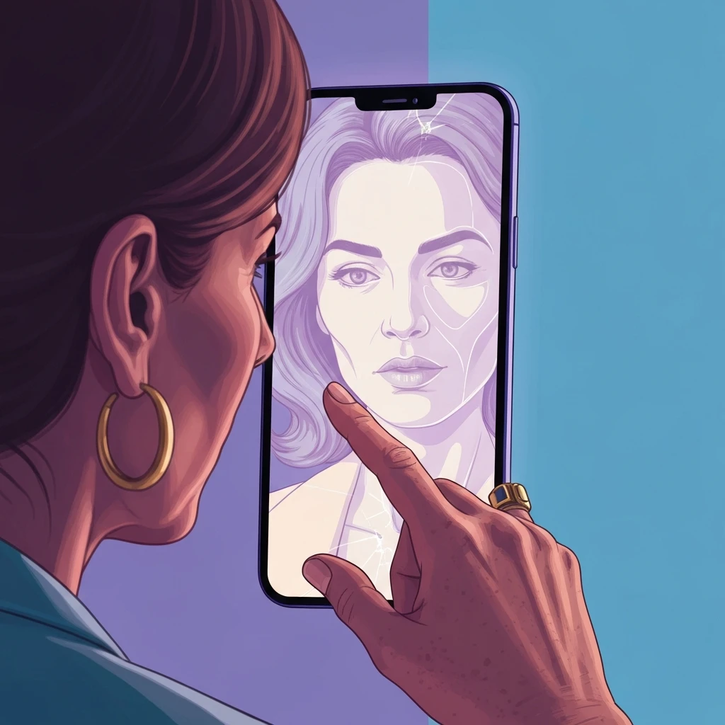 A woman observing the social media impact on aging anxiety through a distorted digital reflection on a smartphone, highlighting the contrast between real skin and filtered perfection. social-media-impact-on-aging-anxiety-bestie-ai.webp