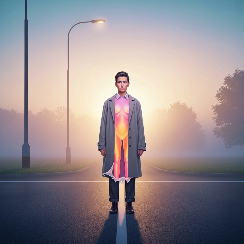 A visual metaphor for an aging identity crisis showing a person shedding their old self to reveal a resilient new identity-bestie-ai.webp