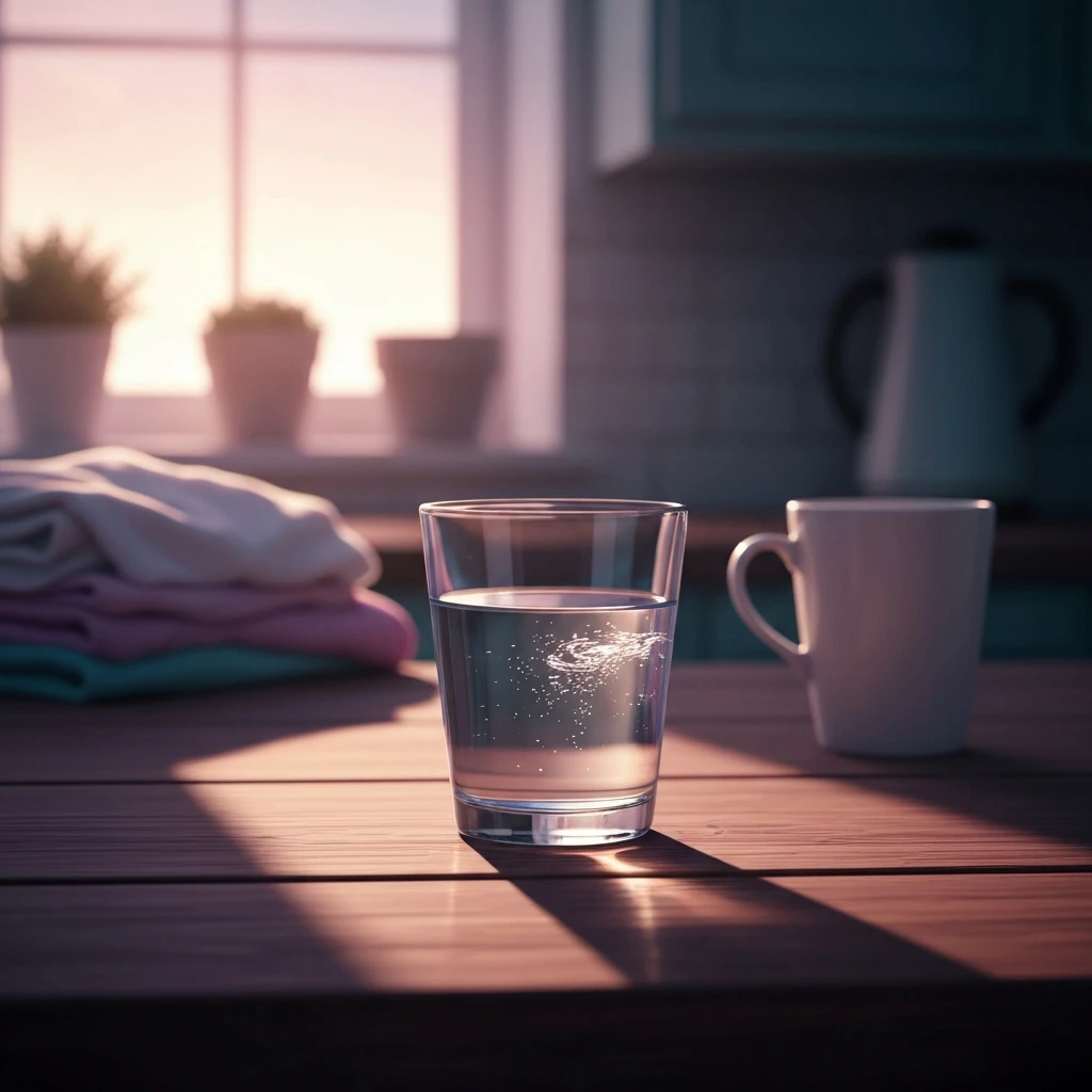 A visual metaphor for the stages of caregiver burnout showing an isolated glass of water in a quiet, weary home setting-bestie-ai.webp