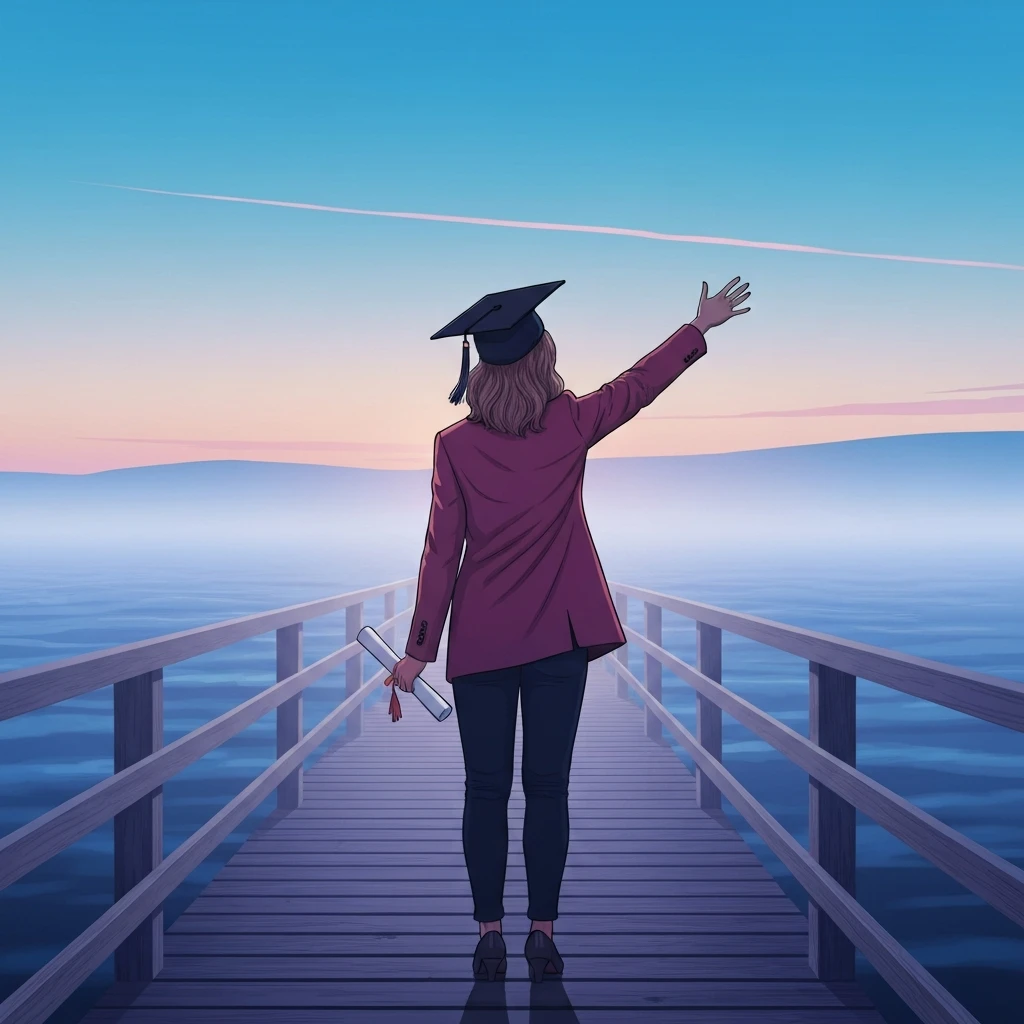 A young adult experiencing an identity crisis after university graduation looking at the horizon. identity-crisis-after-university-graduation-bestie-ai.webp