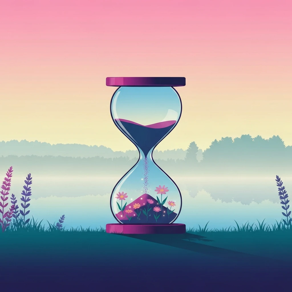 A symbolic representation of health anxiety and aging symptoms showing an hourglass and wildflowers, health-anxiety-and-aging-symptoms-bestie-ai.webp