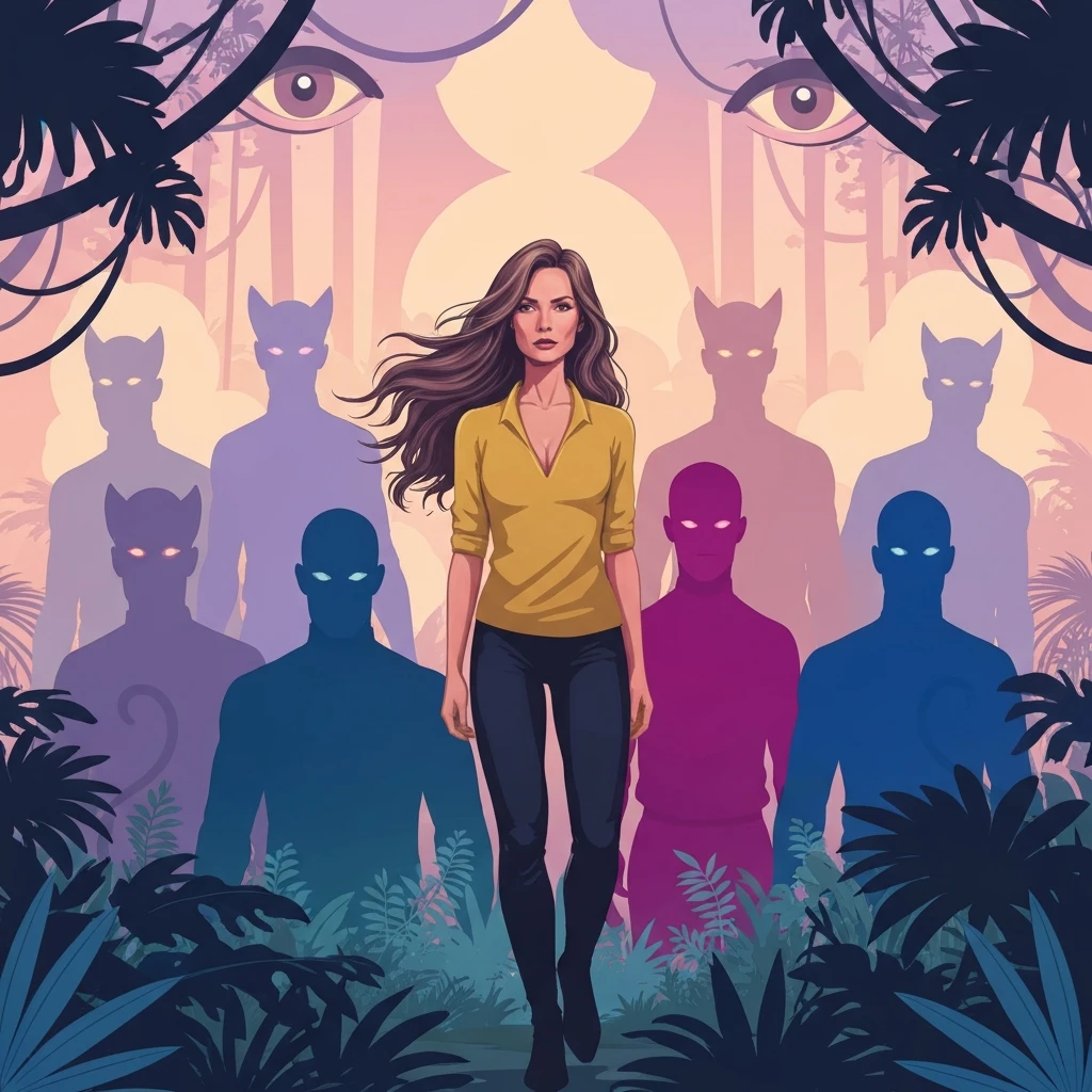 Spoiled By My Nine Beast Husbands book cover style featuring a woman surrounded by her nine shifter mates in a primitive forest.