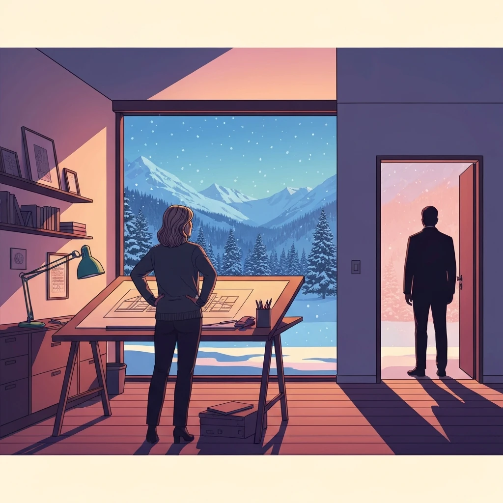 A woman in a studio overlooking the snow, reflecting the healing themes of The Christmas I Lost You.