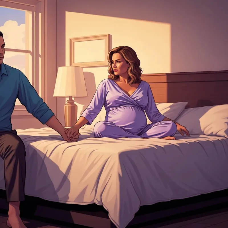 A couple exploring intimacy and pregnant sex in a cozy, modern bedroom.