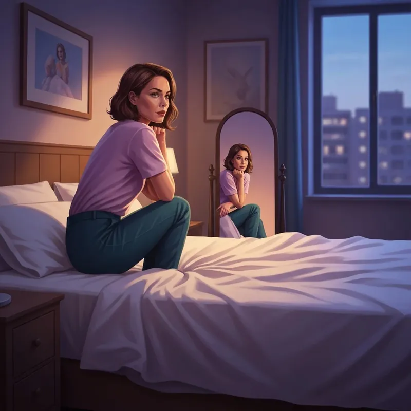 A woman reflecting on her feelings of anxiety before sex in a dimly lit, cozy bedroom.